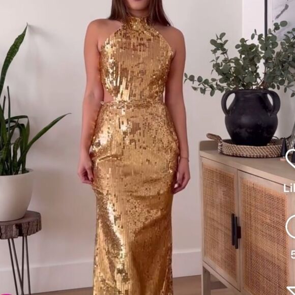 MAC DUGGAL 93976 Gold Open Back High Neck Sequin Gown Dress - Picture 4 of 15